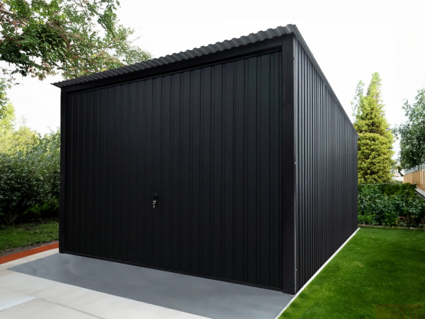 Modern black metal garage with vertical paneling and a large secure front door.